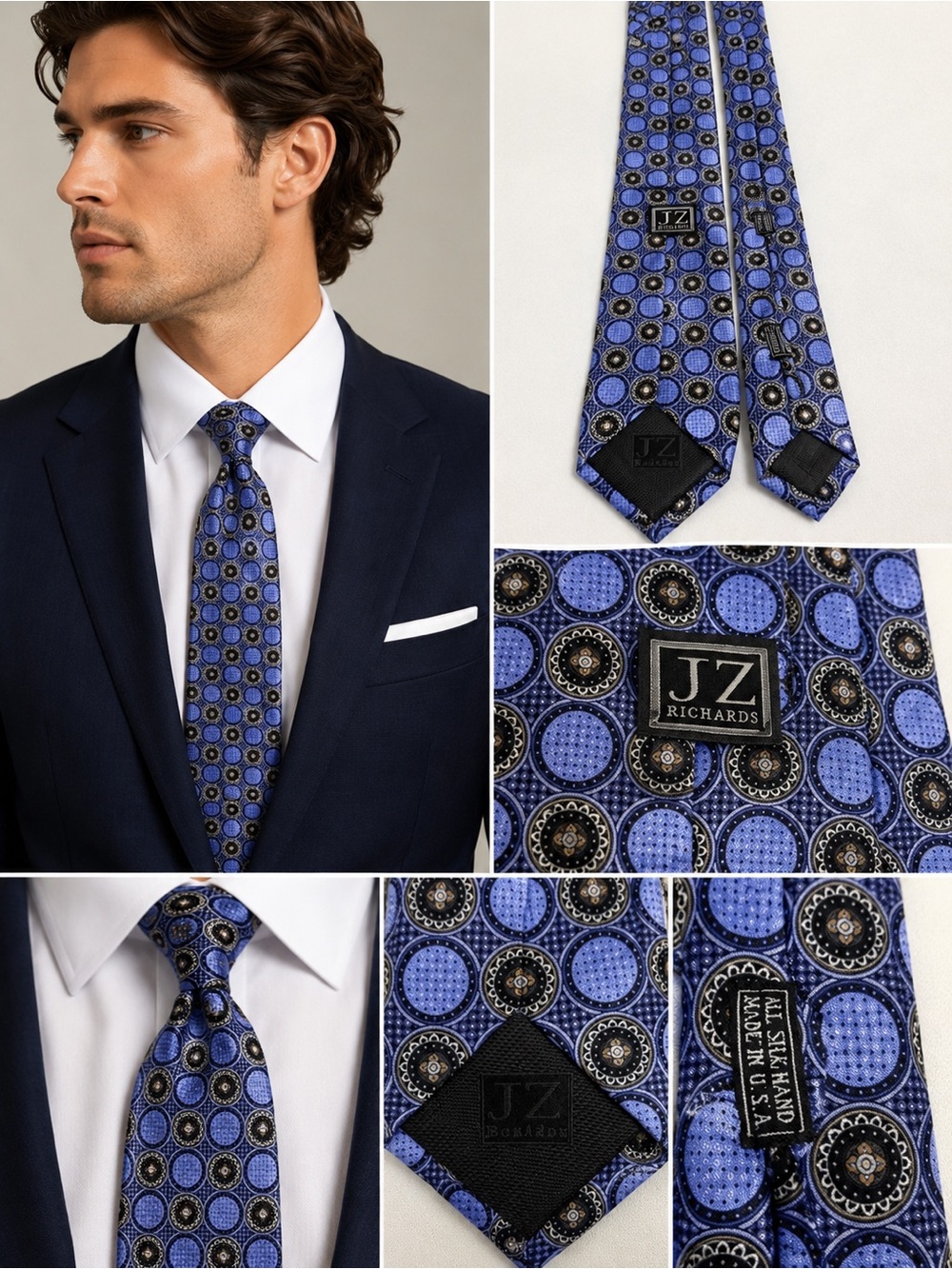 JZ Richards Men’s Silk Tie Blue Geometric Medallion Handmade USA Luxury Necktie